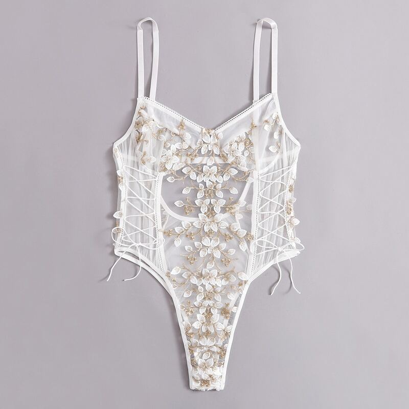 

Floral Embroidered Mesh Teddy Bodysuit, White