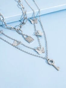 Collar a capas con mariposa - Plateado - Ver 4