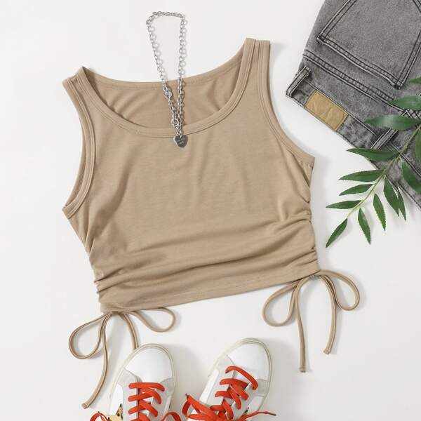 

Drawstring Side Solid Tank Top, Khaki