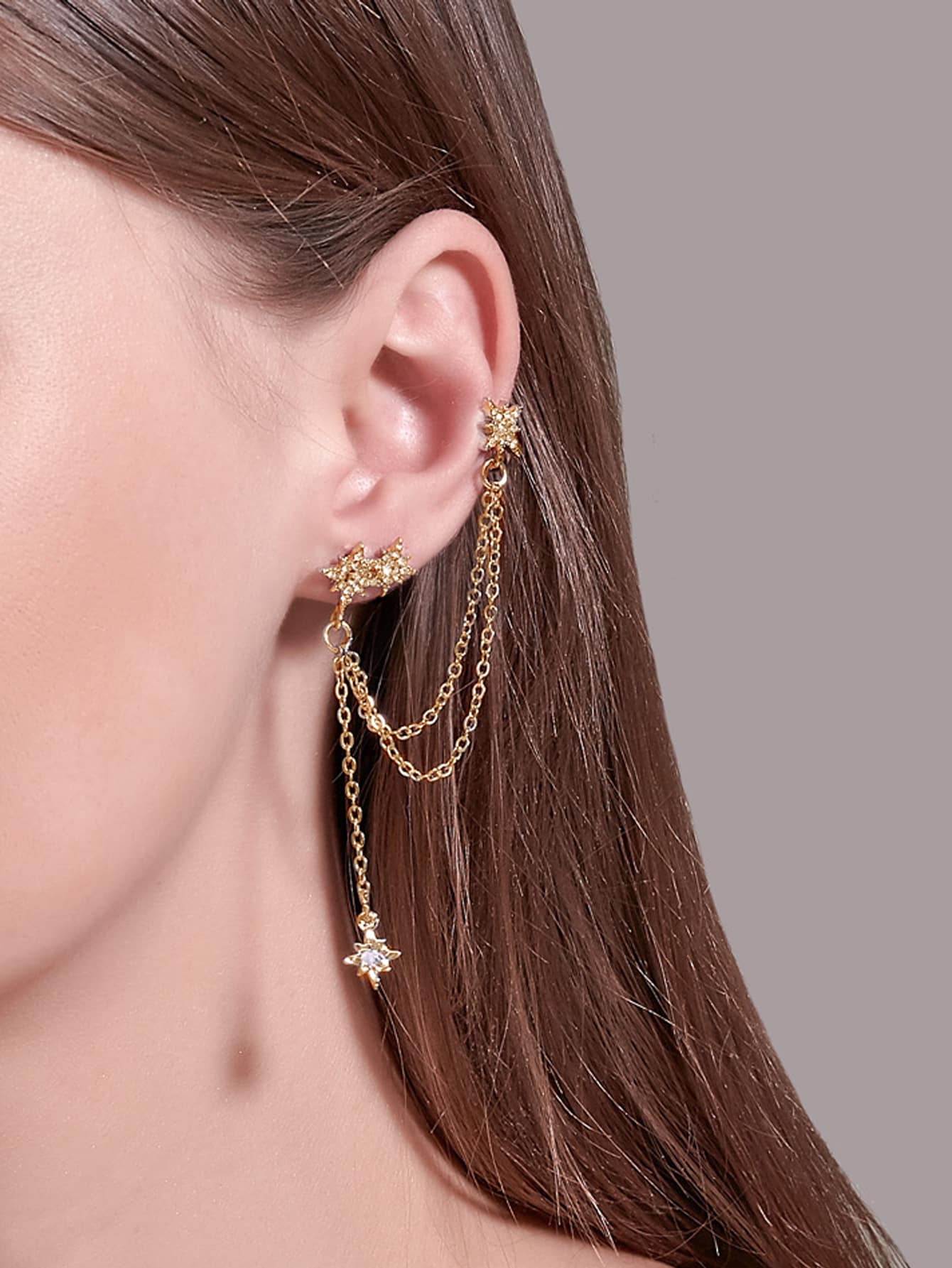 Pendientes De Clip Estrella Ocho Puntas Decoración Zirconia - Amarillo Oro - Ver 1