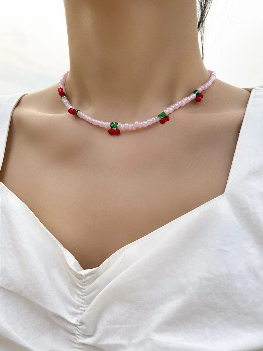 Cherry Decor Beaded Necklace - Pink - View 1