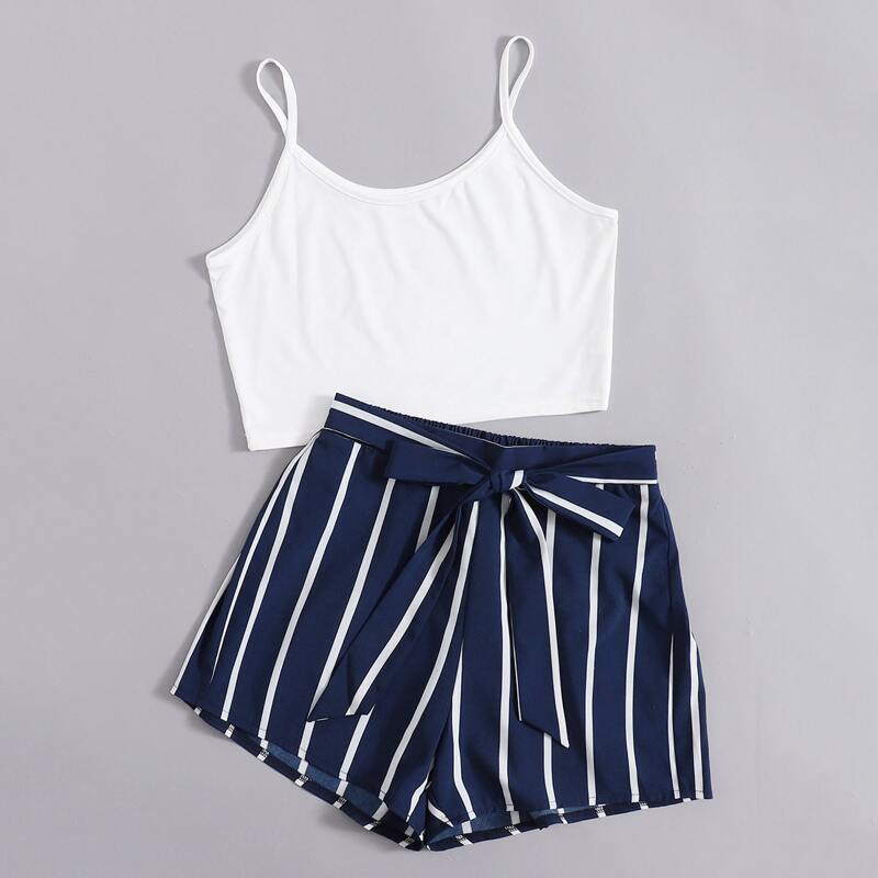 

Solid Crop Cami & Striped Belted Shorts, Blue and white