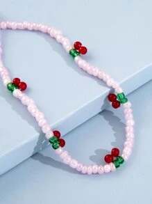 Cherry Decor Beaded Necklace - Pink - View 5