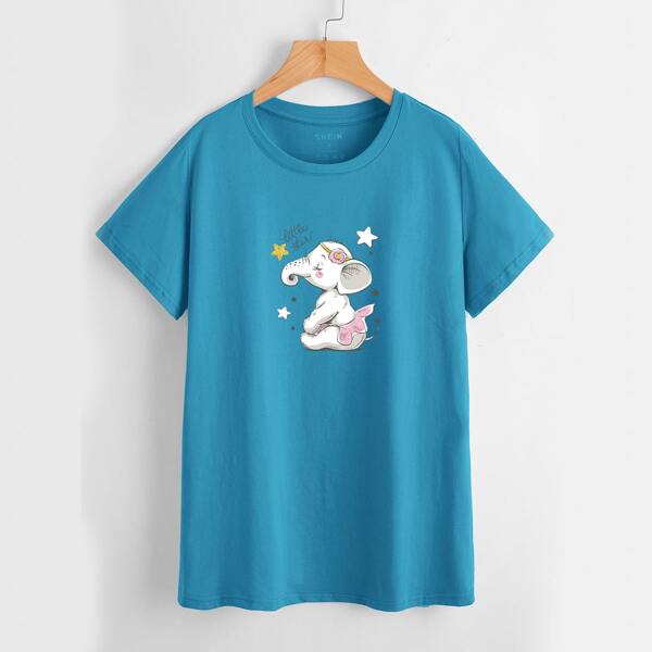 

Elephant And Letter Graphic Tee, Teal blue