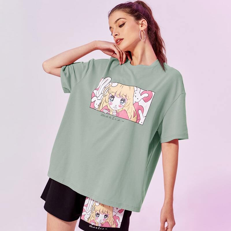 

Cartoon Graphic Oversized Tee, Mint green