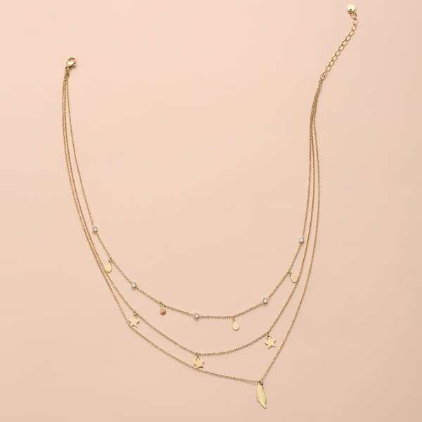 

Leaf & Star Charm Layered Necklace, Gold