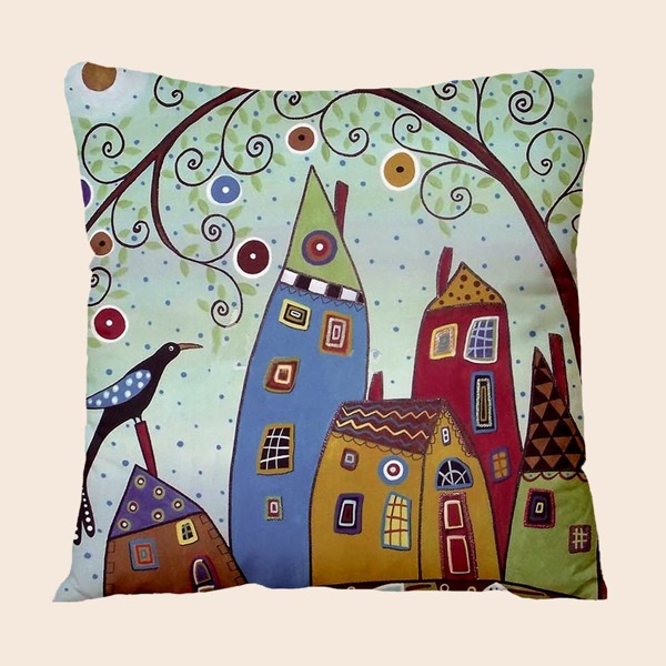 

House Print Cushion Cover Without Filler, Multicolor