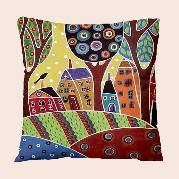 

House Print Cushion Cover Without Filler, Multicolor