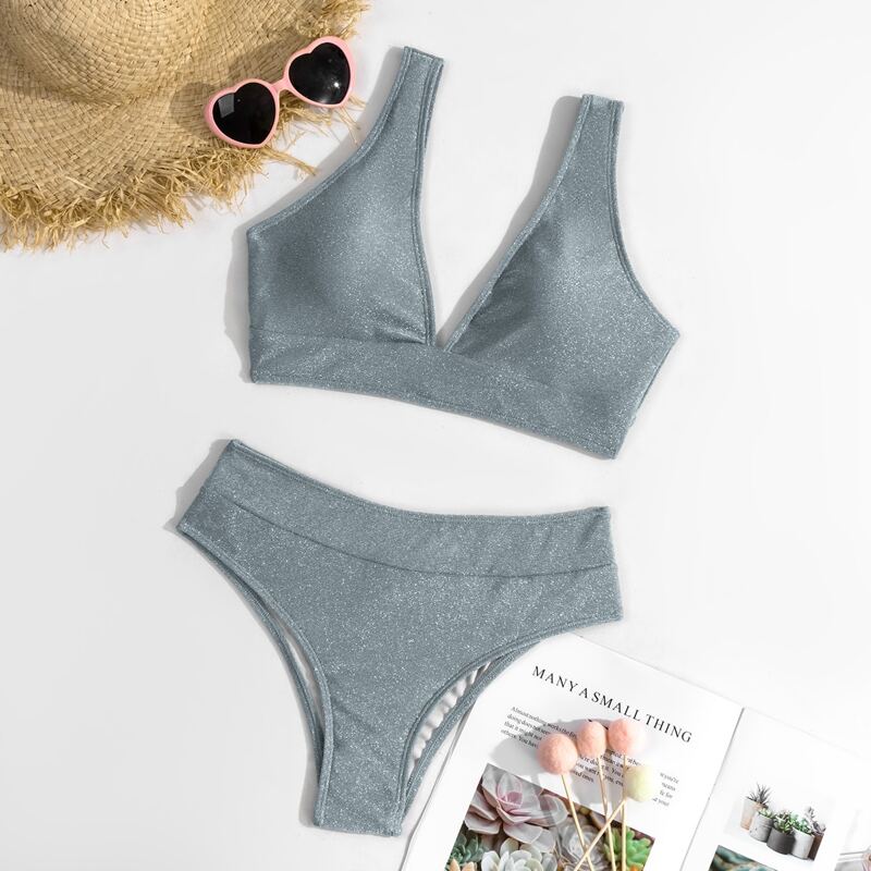 

Glitter V Neck Bikini Swimsuit, Mauve purple