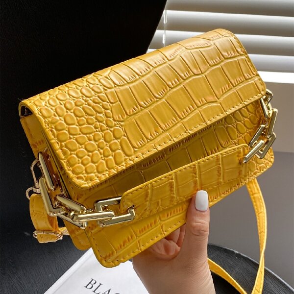 

Croc Embossed Flap Satchel Bag, Yellow