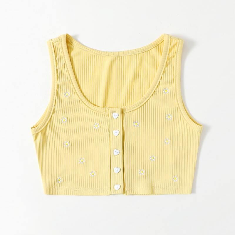 

Ditsy Floral Embroidery Button Front Tank Top, Yellow