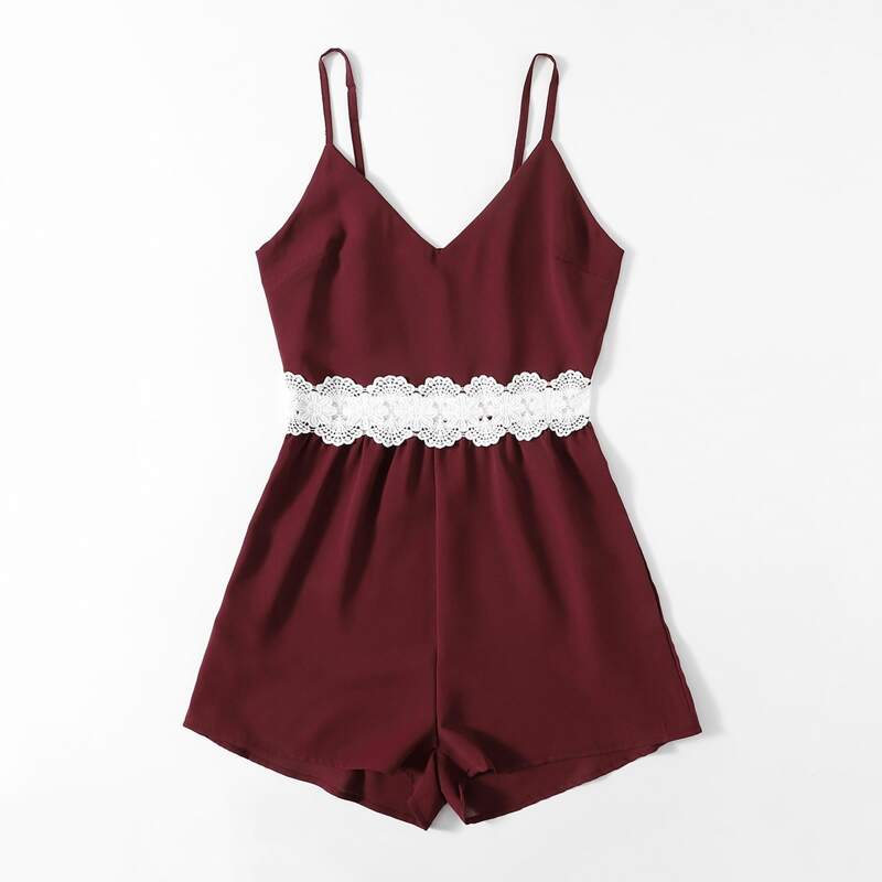 

Contrast Lace Cami Romper, Burgundy