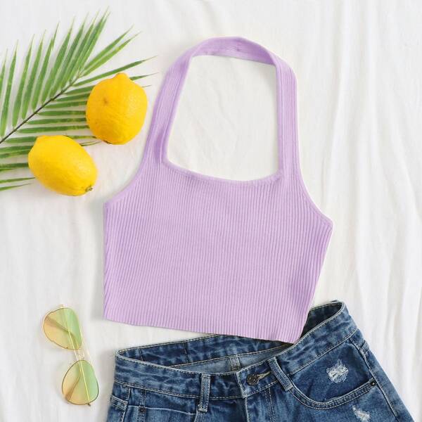 

Ribbed Cropped Halter Knit Top, Lilac purple