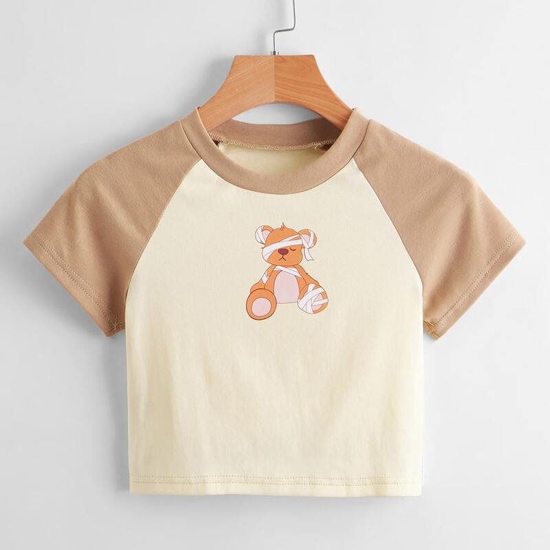 

Cartoon Bear Graphic Colorblock Tee, Multicolor