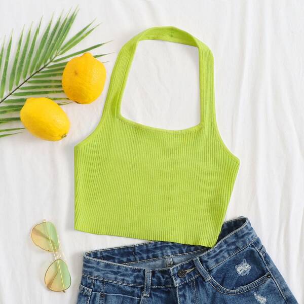 

Ribbed Cropped Halter Knit Top, Lime green