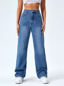 SHEIN EZwear High Waist Washed Boyfriend Jeans - Medium Wash - View 1