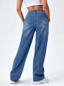 SHEIN EZwear High Waist Washed Boyfriend Jeans - Medium Wash - View 2