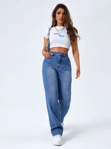 SHEIN EZwear High Waist Washed Boyfriend Jeans - Medium Wash - View 3