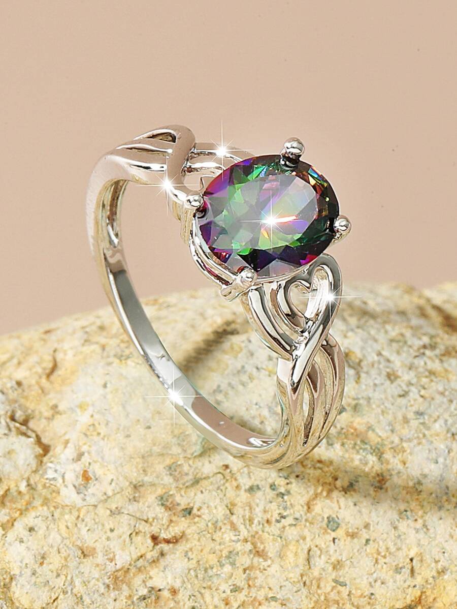 1 Thời Trang Đính Đá Cubic Zirconia & Trang Trí Trái Tim Nhẫn Cho Nữ Quà Tặng Cho Tiệc Cưới - Bạc - Xem 1