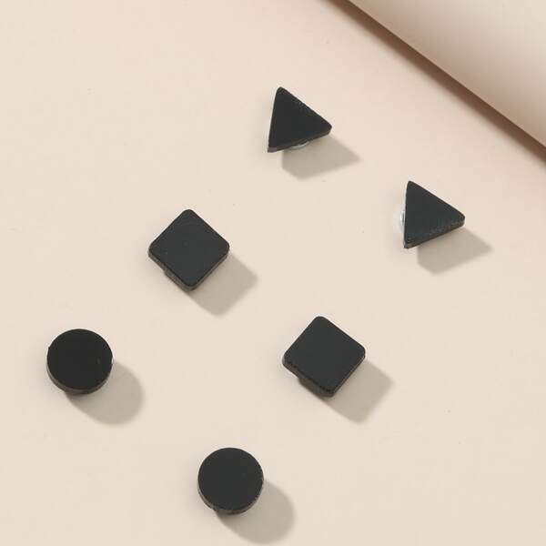 

3pairs Men Geo Shaped Earrings, Black