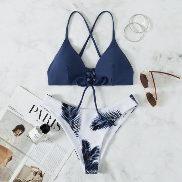 

Tropical Lace Up Bikini Swimsuit, Blue and white