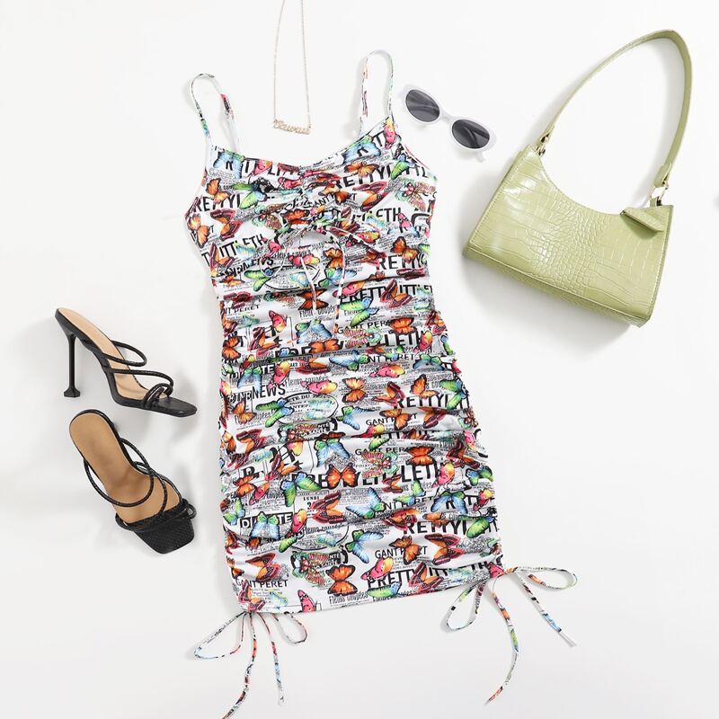 

Ruched Bust Drawstring Allover Butterfly Print Bodycon Dress, Multicolor