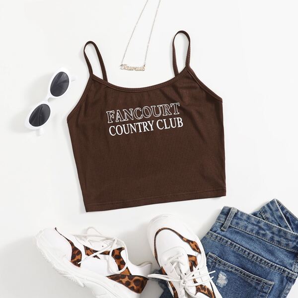 

Letter Graphic Rib-knit Cami Top, Chocolate brown
