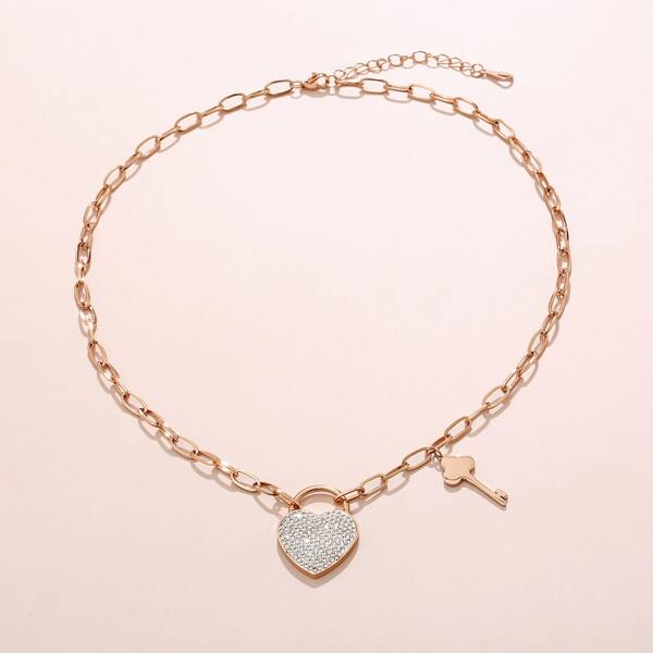 

Rhinestone Heart Charm Necklace, Rose gold