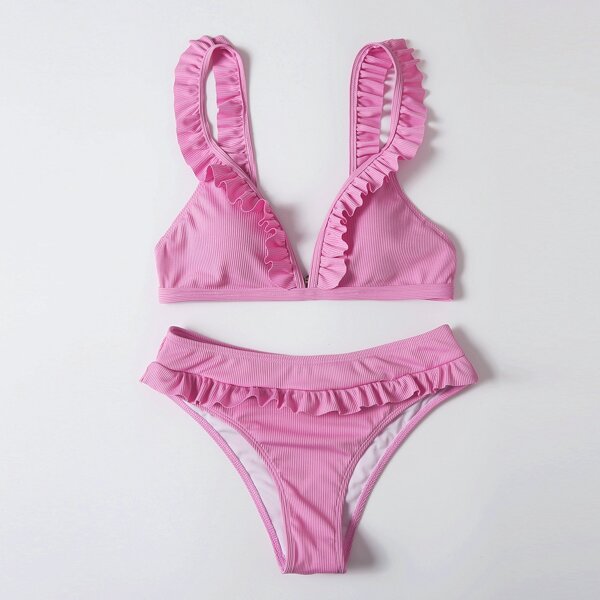 

Rib Ruffle Trim Bikini Swimsuit, Pink