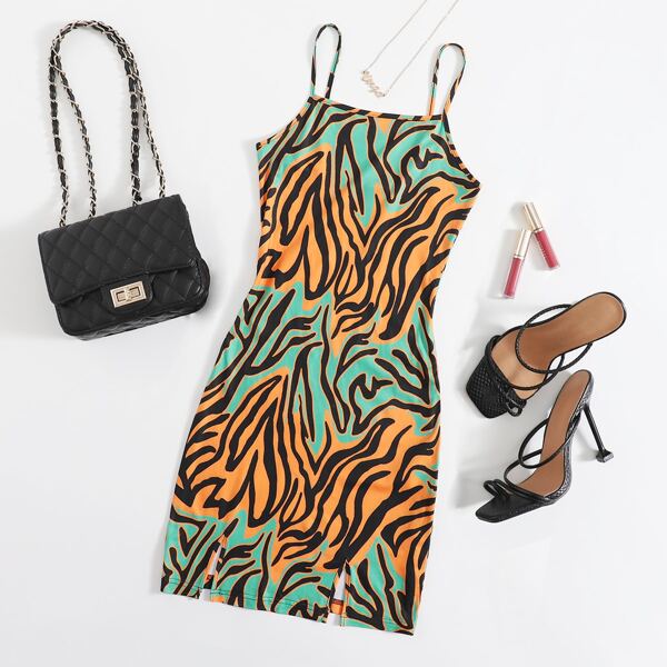 

M-slit Zebra Striped Bodycon Dress, Multicolor