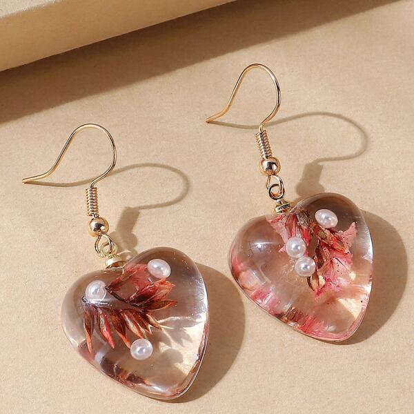 

Faux Pearl & Flower Decor Heart Drop Earrings, Clear