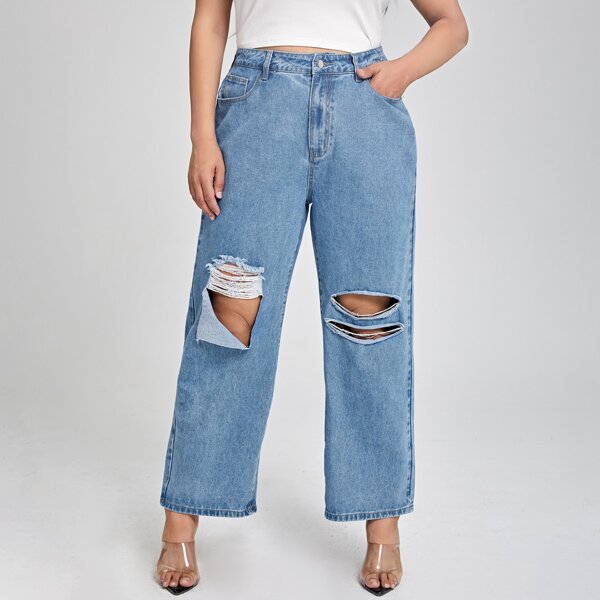 

Plus Ripped Wide Leg Jeans, Medium wash