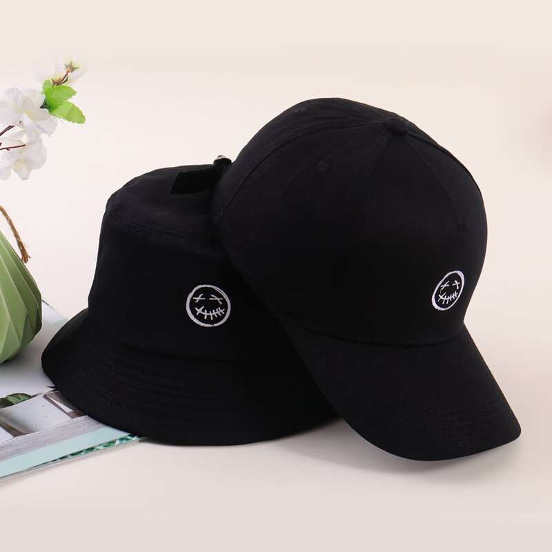 

1pc Guys Graphic Embroidery Bucket Hat & 1pc Baseball Cap, Black and white