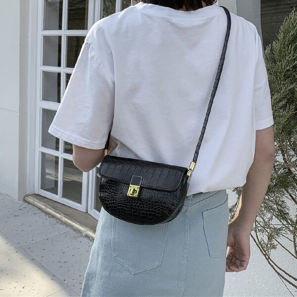 

Twist Lock Croc Embossed Saddle Bag, Black