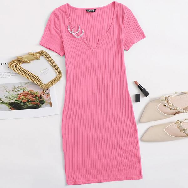 

Notch Neck Rib-knit Bodycon Dress, Pink