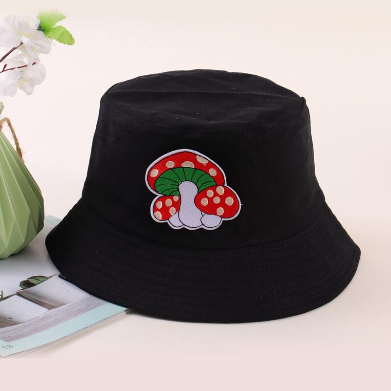 

Mushroom Embroidery Bucket Hat, Black