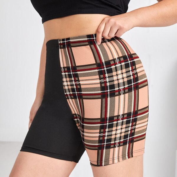 

Plus Plaid Panel Biker Shorts, Multicolor