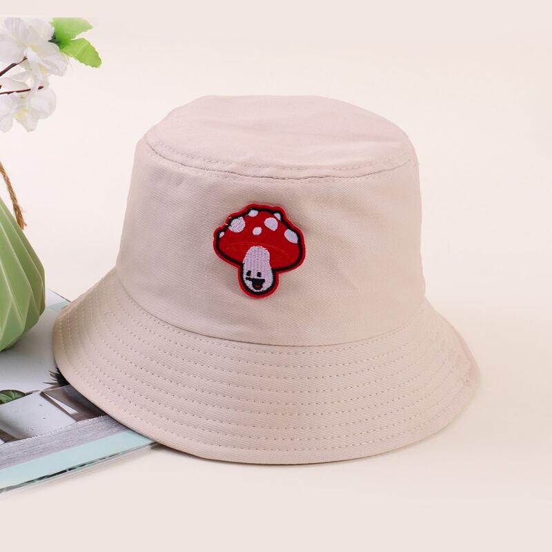 

Mushroom Embroidery Bucket Hat, Beige