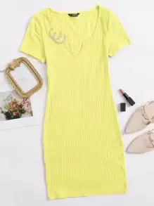 SHEIN BASICS 西裝領羅紋針織包臀連衣裙 - 黃色 - 查看 1