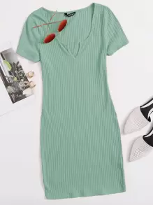 SHEIN BASICS 西裝領羅紋針織包臀連衣裙 - 薄荷綠 - 查看 1