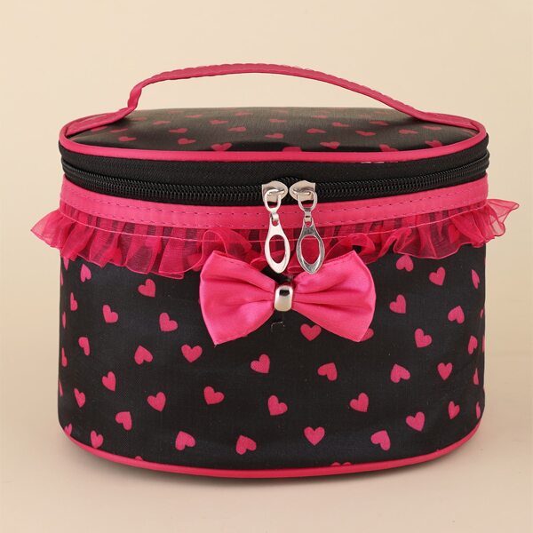 

Bow Decor Heart Pattern Makeup Bag, Hot pink