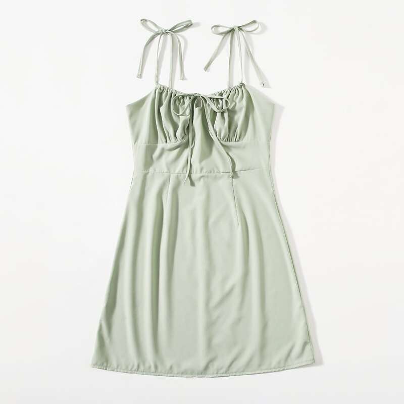 

Solid Ruched Bust Tie Shoulder Cami Dress, Mint green