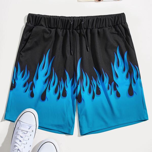 

Men Fire Print Drawstring Shorts, Blue