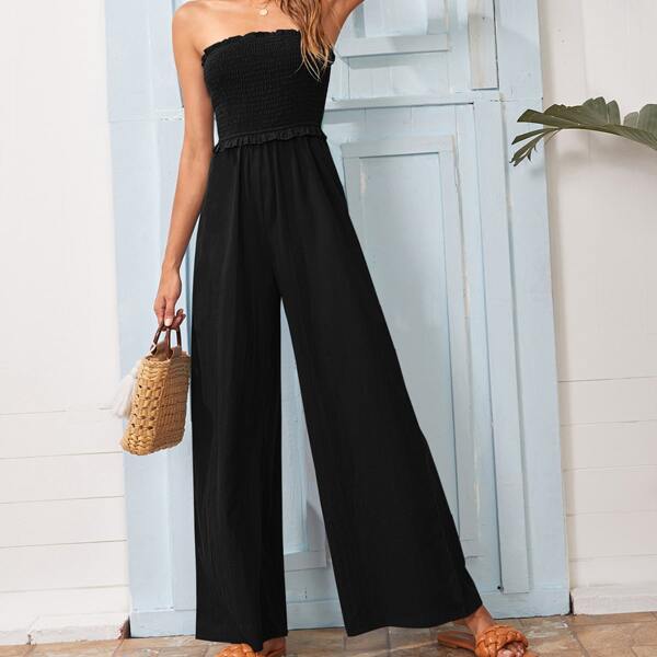 

Frill Trim Shirred Bodice Tube Jumpsuit, Black