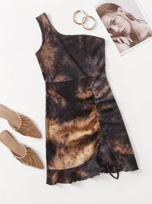 SHEIN One Shoulder Drawstring Knot Ruched Ruffle Hem Tie Dye Dress - Multicolor - View 1