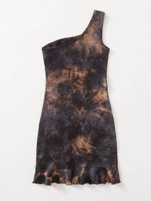 SHEIN One Shoulder Drawstring Knot Ruched Ruffle Hem Tie Dye Dress - Multicolor - View 2