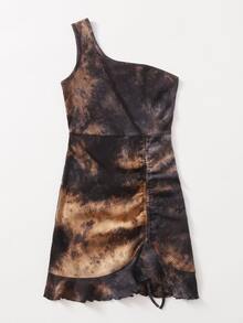 SHEIN One Shoulder Drawstring Knot Ruched Ruffle Hem Tie Dye Dress - Multicolor - View 3
