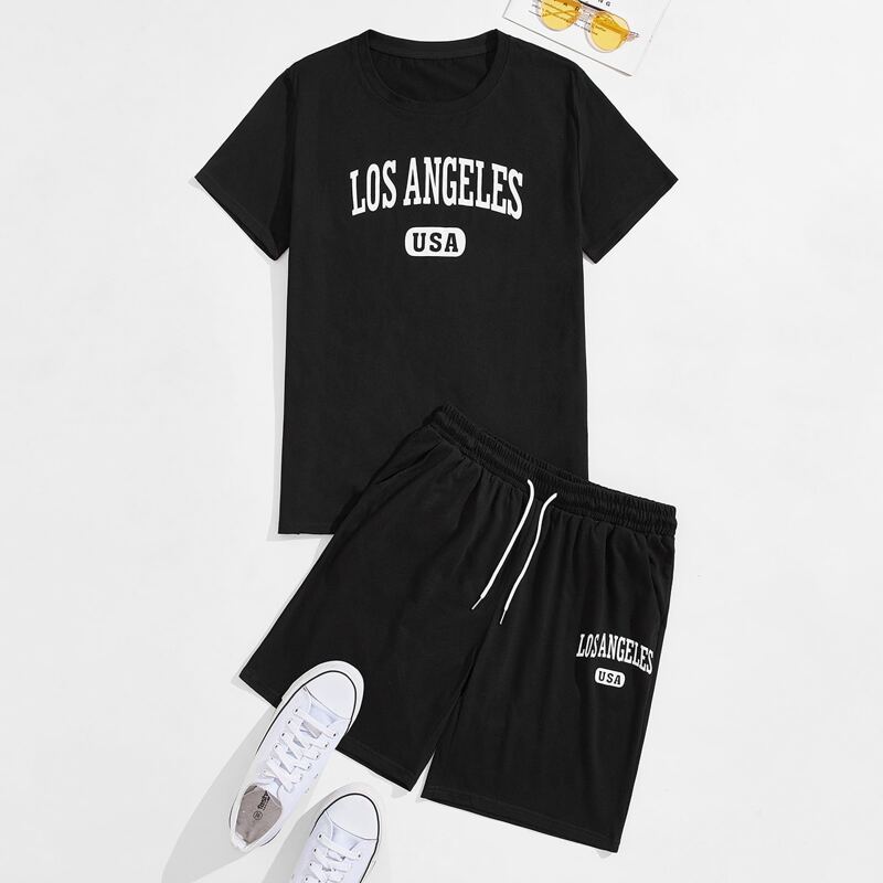 

Guys Letter Graphic Tee With Track Shorts, Black