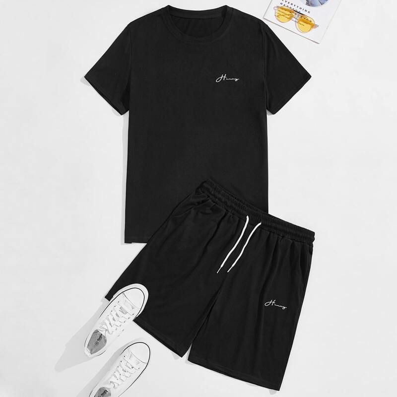 

Guys Letter Embroidery Tee & Drawstring Track Shorts, Black