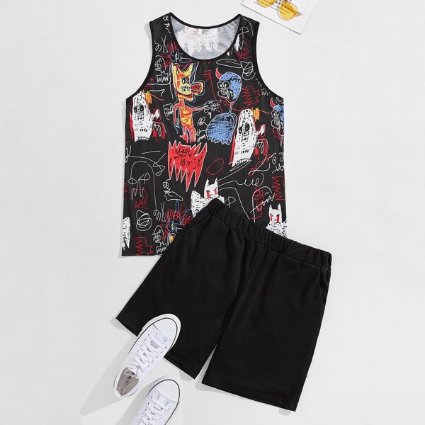 

Men Graffiti Print Tank Top & Shorts, Multicolor